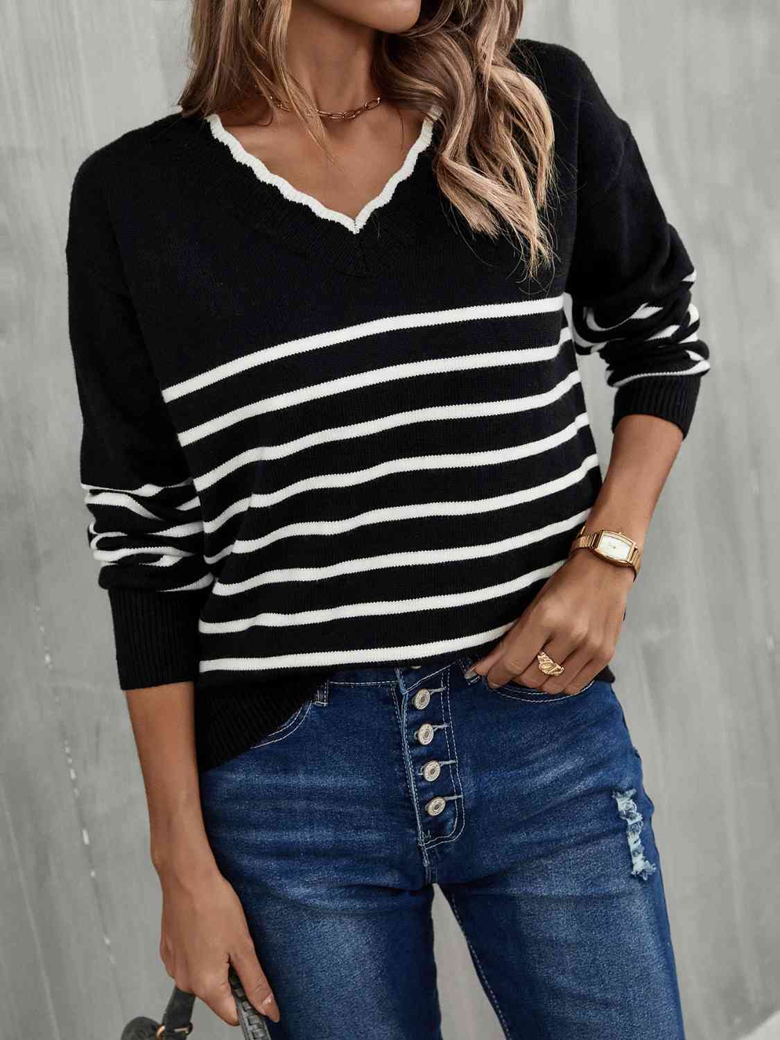 swvws Striped V-Neck Drop Shoulder Sweater