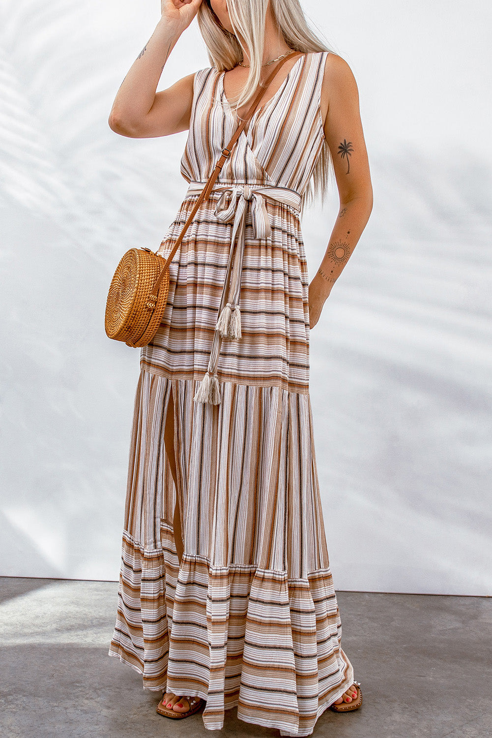 swvws Striped Tie Waist Slit Sleeveless Dress