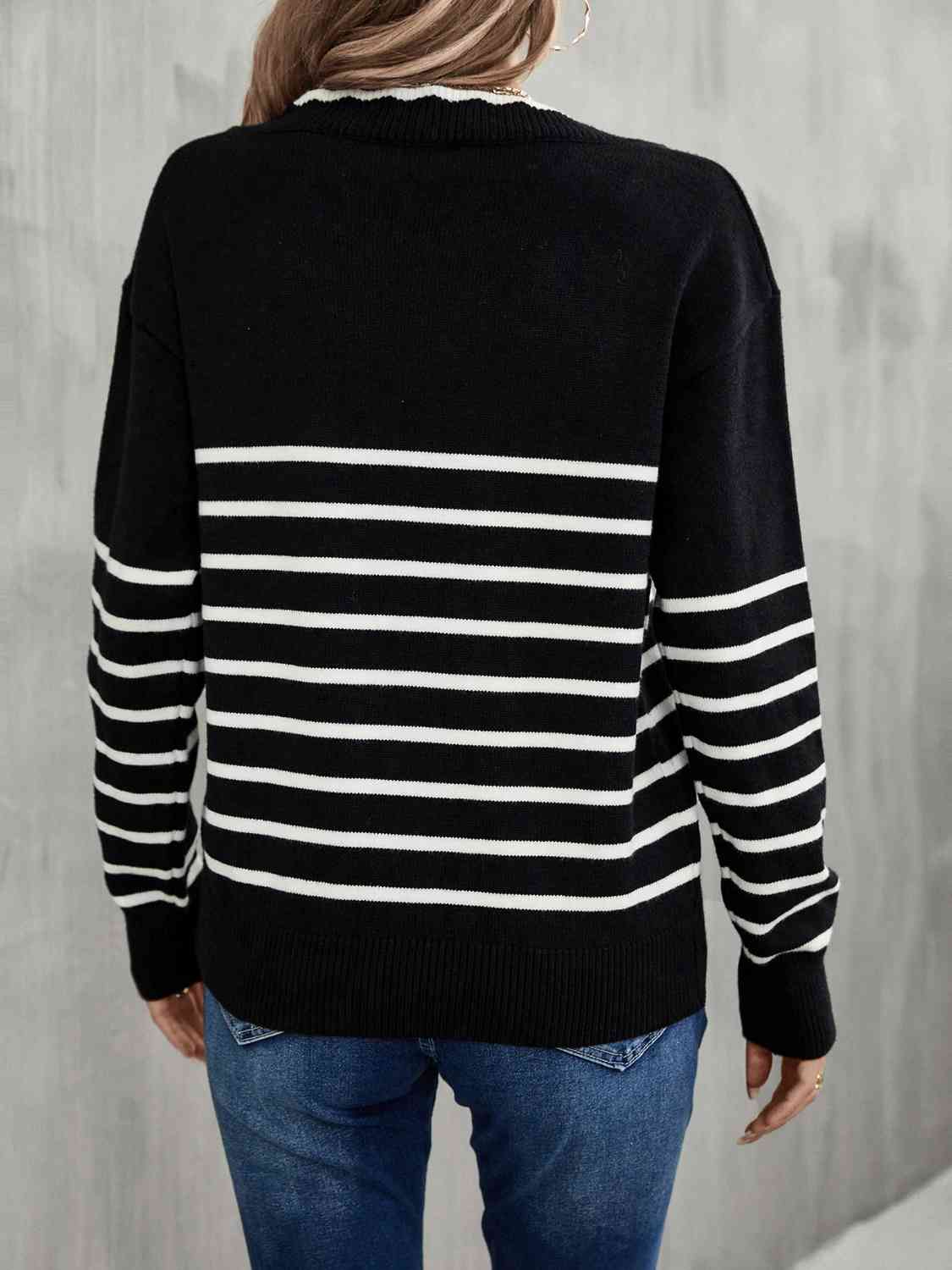 swvws Striped V-Neck Drop Shoulder Sweater