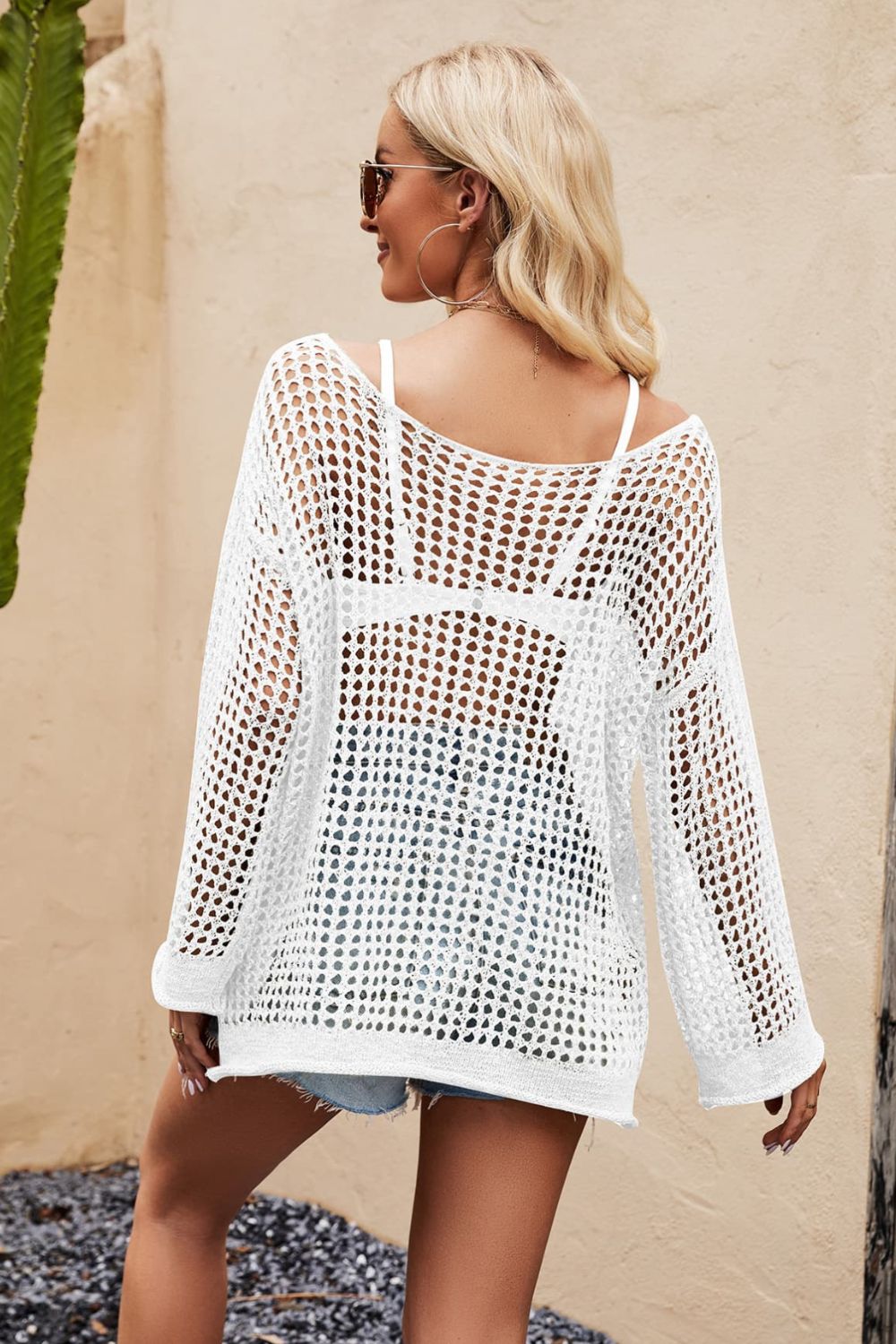 swvws Openwork Round Neck Long Sleeve Cover Up