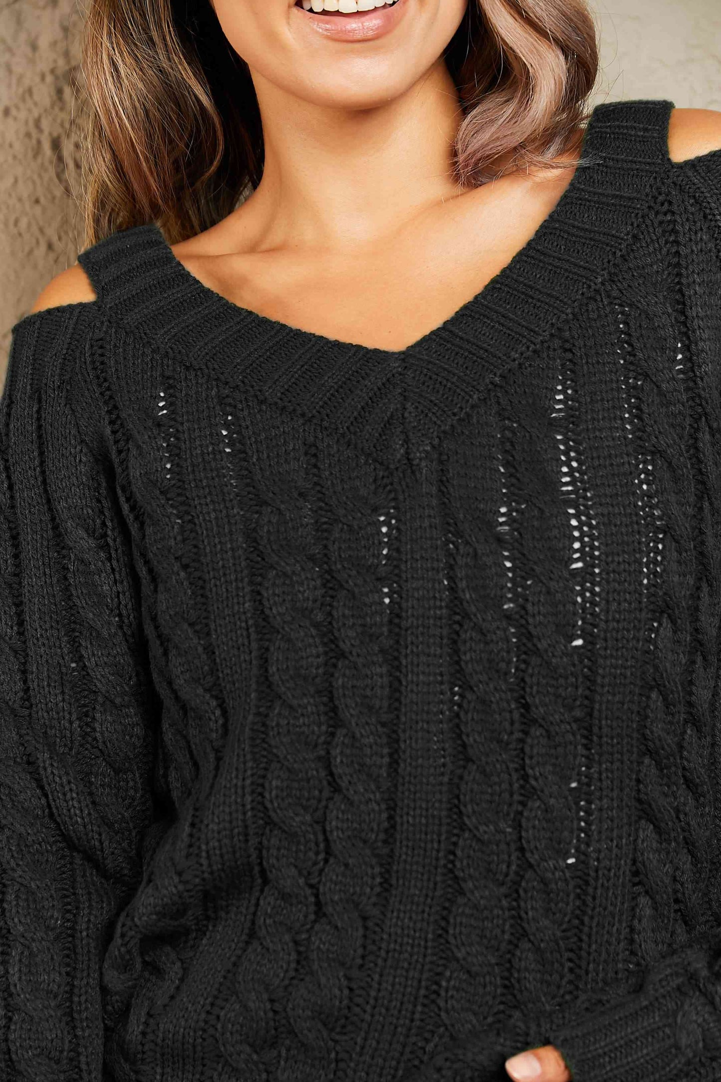 swvws Woven Right Cable-Knit Cold-Shoulder Long Sleeve Sweater