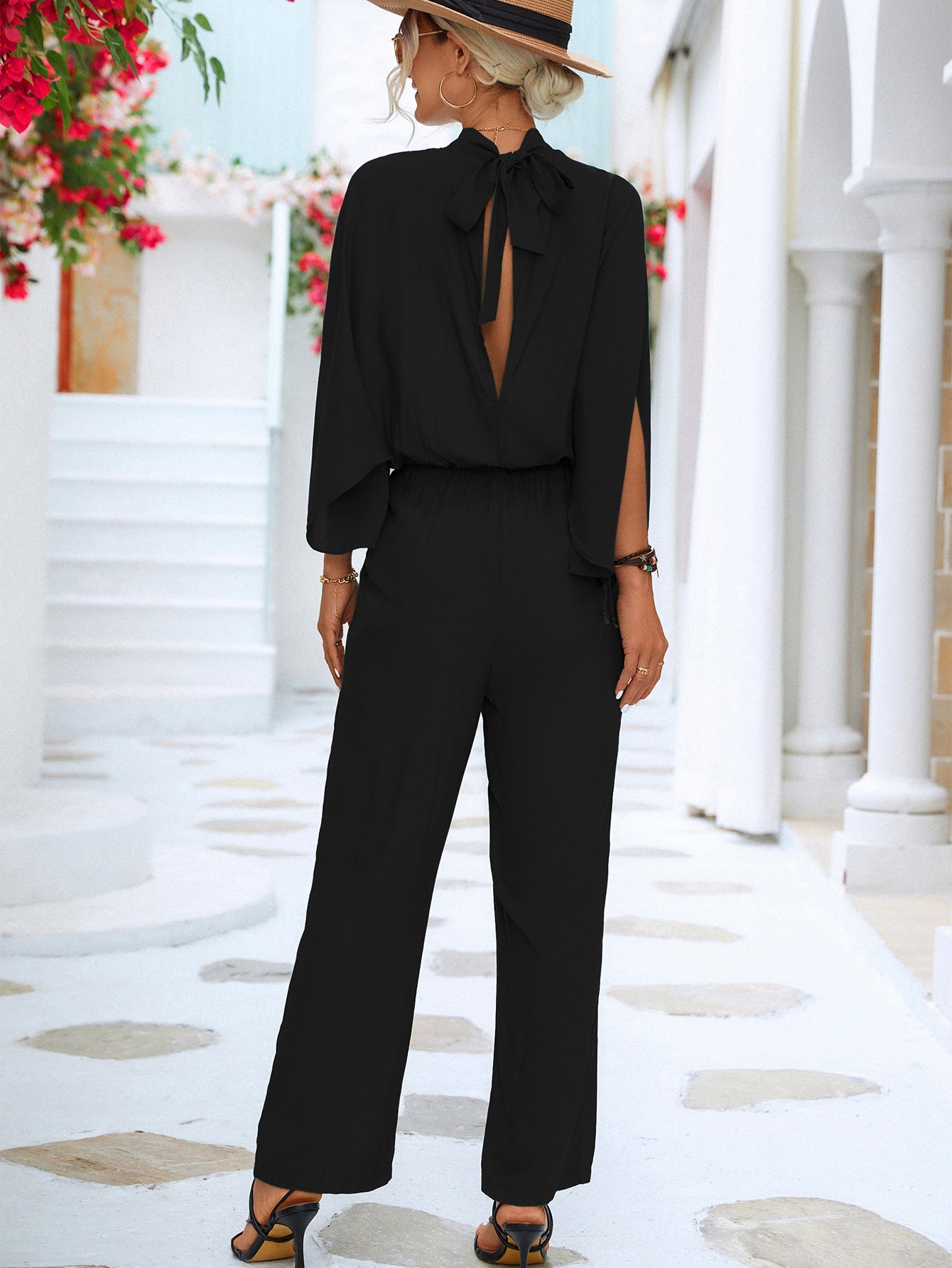 swvws Tie Back Mock Neck Split Sleeve Jumpsuit