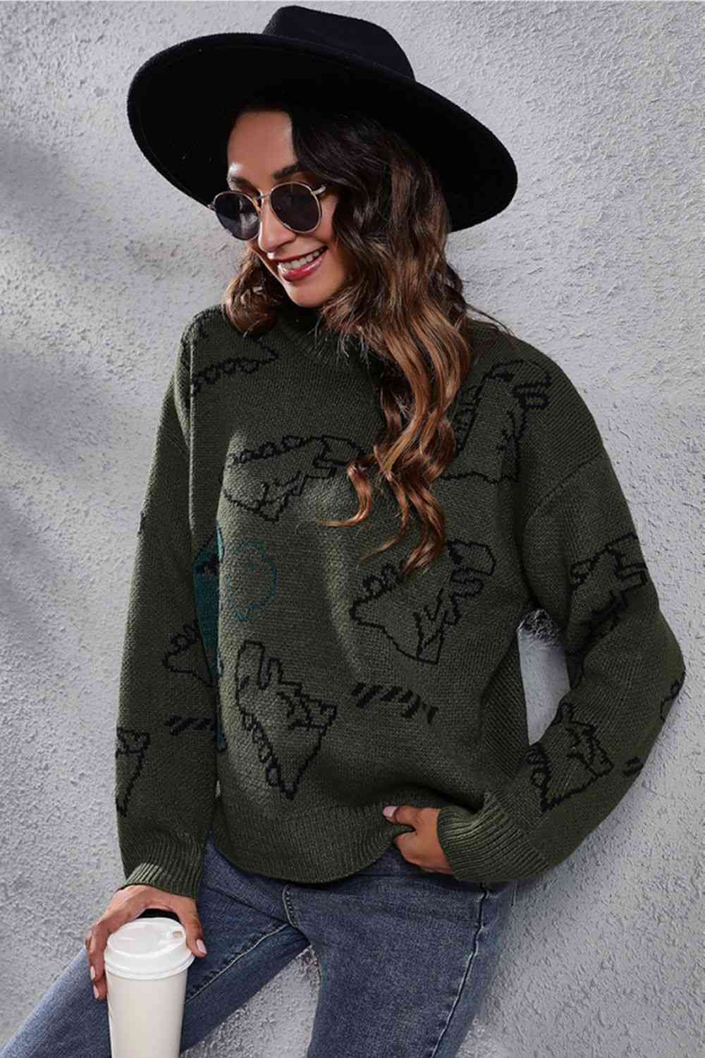 swvws Dinosaur Pattern Round Neck Sweater