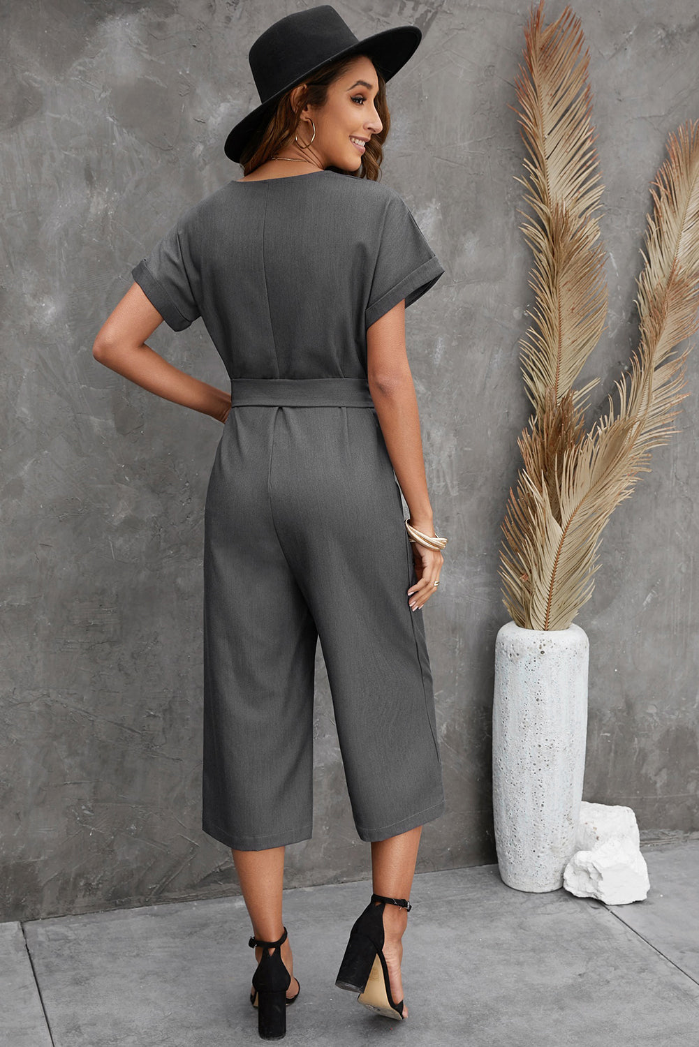 swvws Button Front Belted Cropped Jumpsuit with Pockets