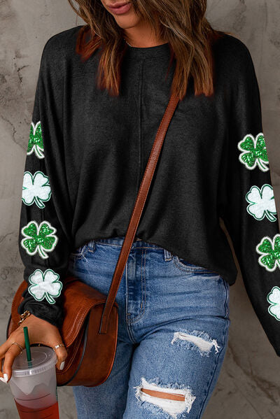 swvws Sequin Lucky Clover Round Neck Sweatshirt