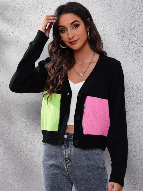 swvws Color Block Button Up Long Sleeve Cardigan