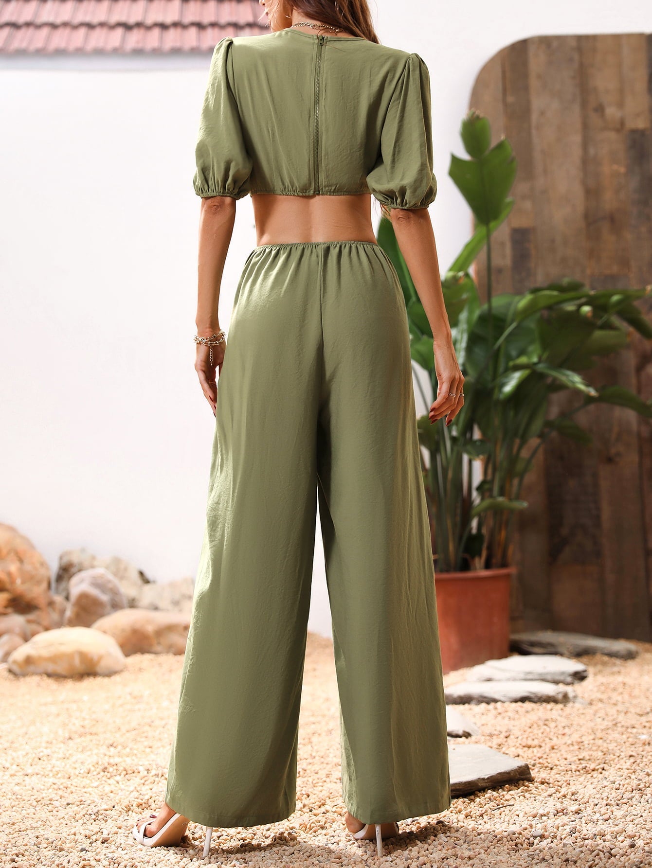 swvws Cutout V-Neck Balloon Sleeve Jumpsuit