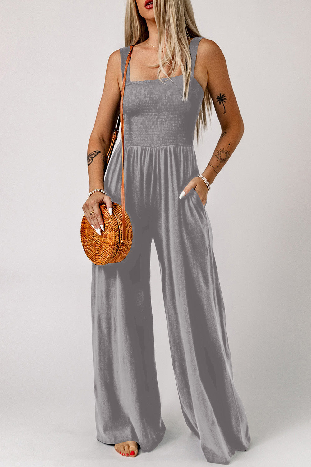 swvws Smocked Square Neck Wide Leg Jumpsuit with Pockets