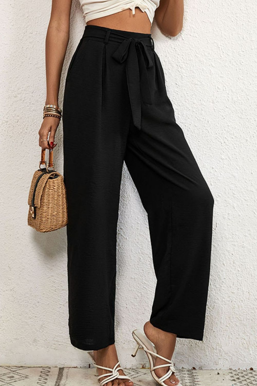 swvws Belted Pleated Waist Wide Leg Pants