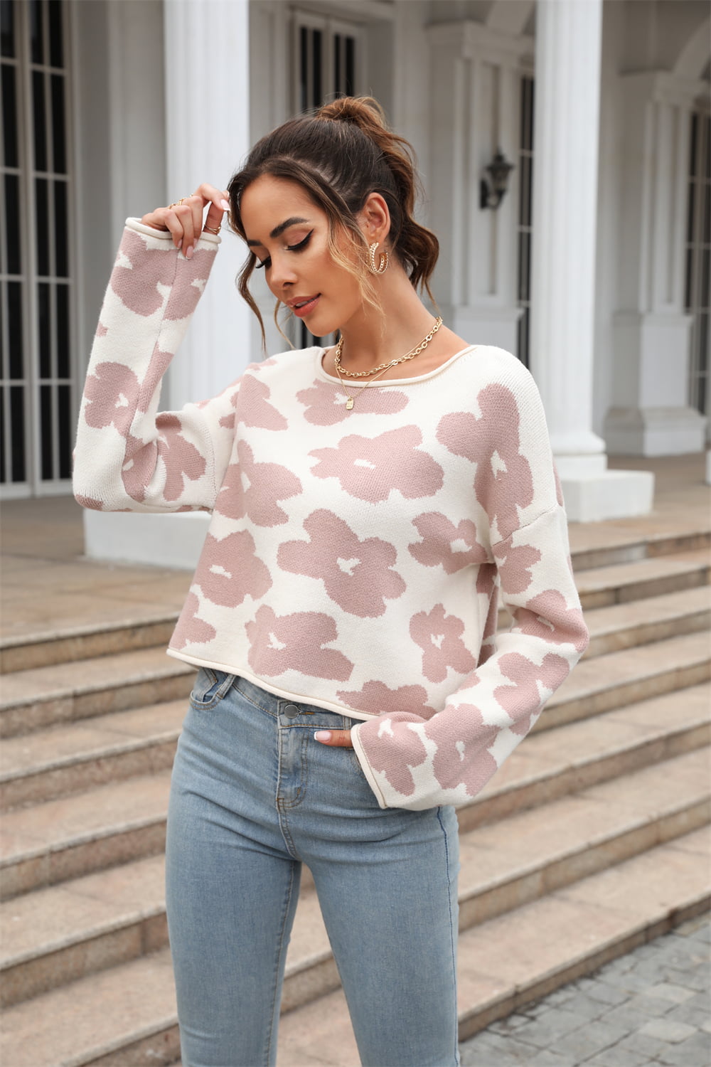 swvws Round Neck Flower Pattern Dropped Shoulder Pullover Sweater