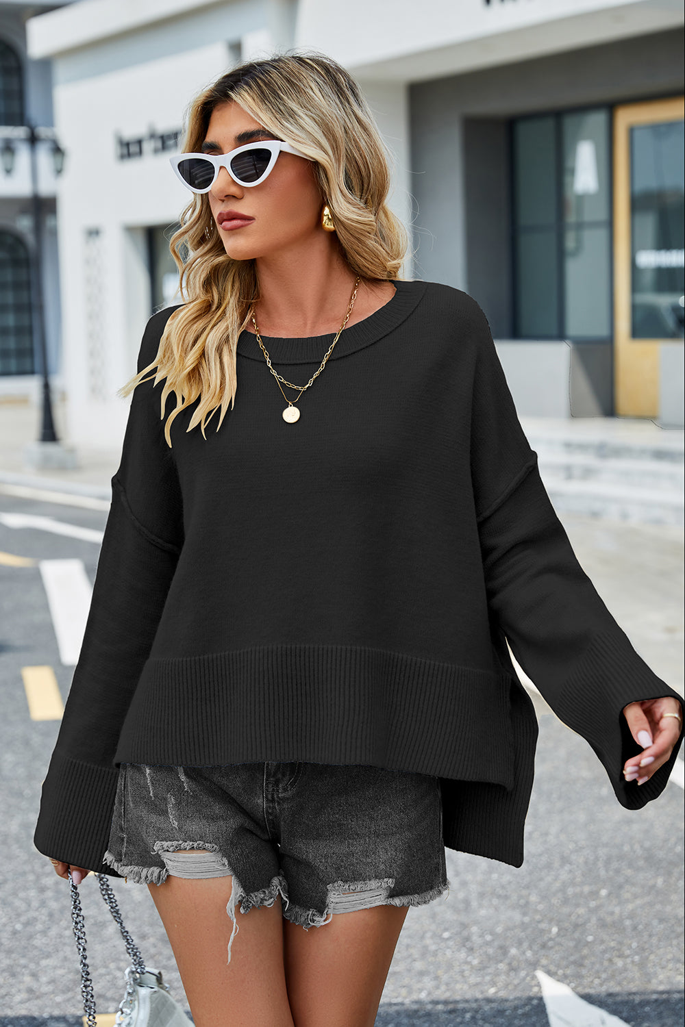 swvws Round Neck Dropped Shoulder Slit Sweater