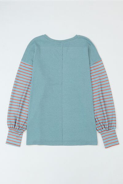 swvws Striped Round Neck Lantern Sleeve Sweatshirt