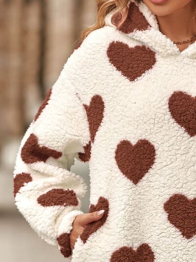 swvws Fuzzy Heart Pocketed Dropped Shoulder Hoodie