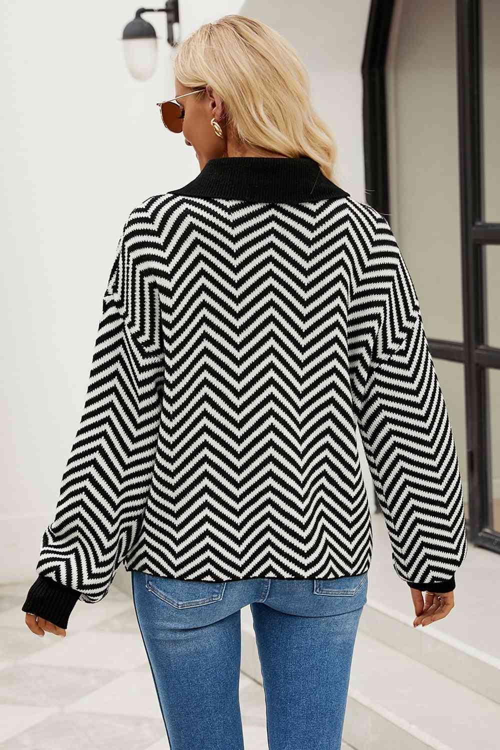 swvws Striped Collared Neck Buttoned Pullover Sweater