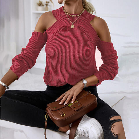 swvws Round Neck Cold-Shoulder Sweater