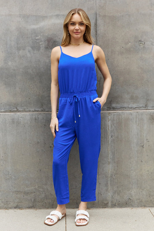 swvws ODDI Full Size Textured Woven Jumpsuit in Royal Blue