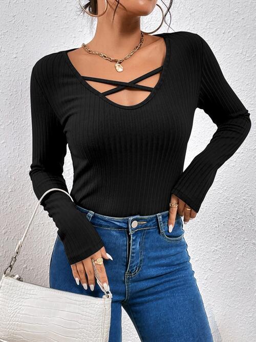 swvws Ribbed Crisscross V-Neck Long Sleeve Knit Top