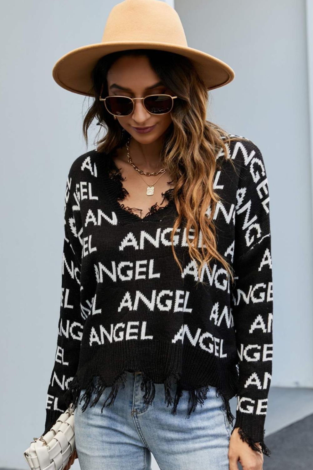 swvws ANGEL Distressed V-Neck Dropped Shoulder Sweater