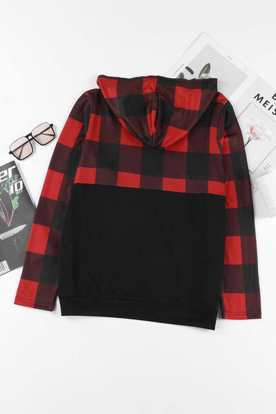 swvws Drawstring Plaid Half Zip Hoodie