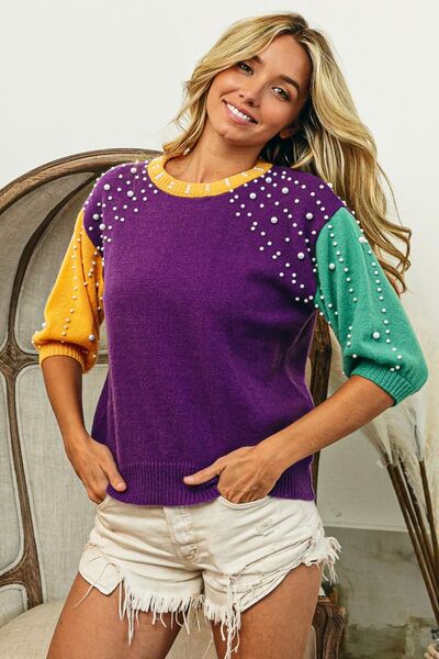 swvws BiBi Color Block Pearl Detail Round Neck Sweater