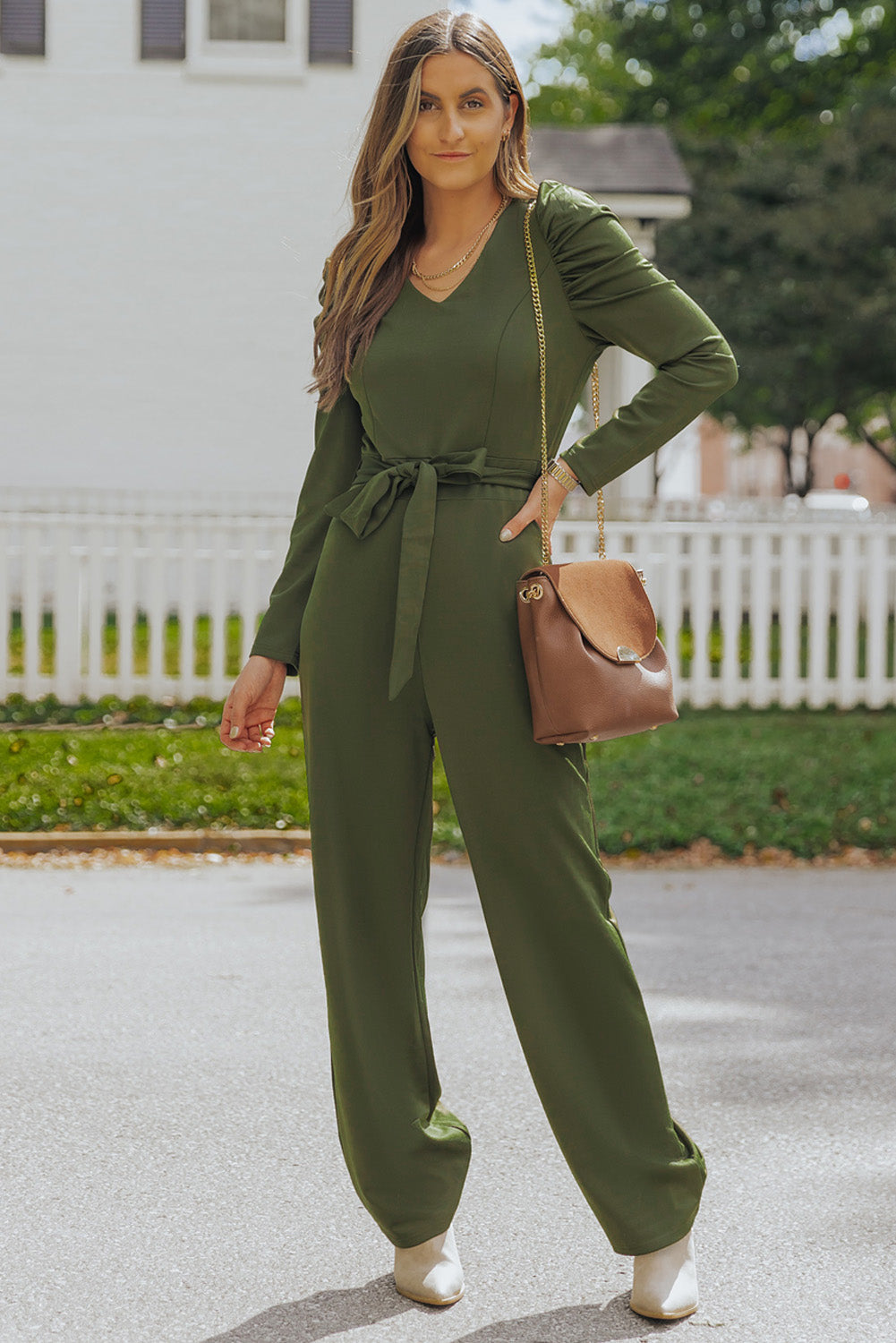 swvws Belted Long Puff Sleeve V-Neck Jumpsuit