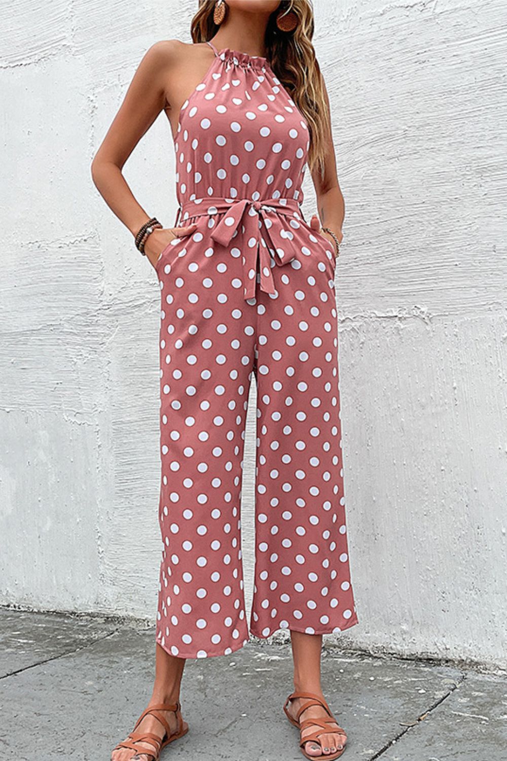 swvws Polka Dot Grecian Wide Leg Jumpsuit