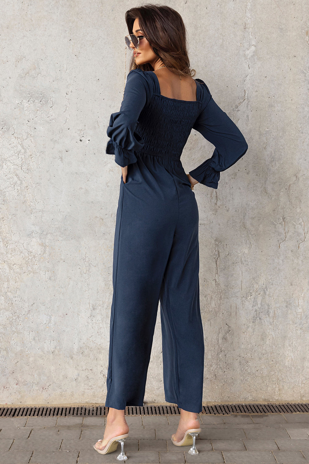 swvws Smocked Long Flounce Sleeve Square Neck Jumpsuit