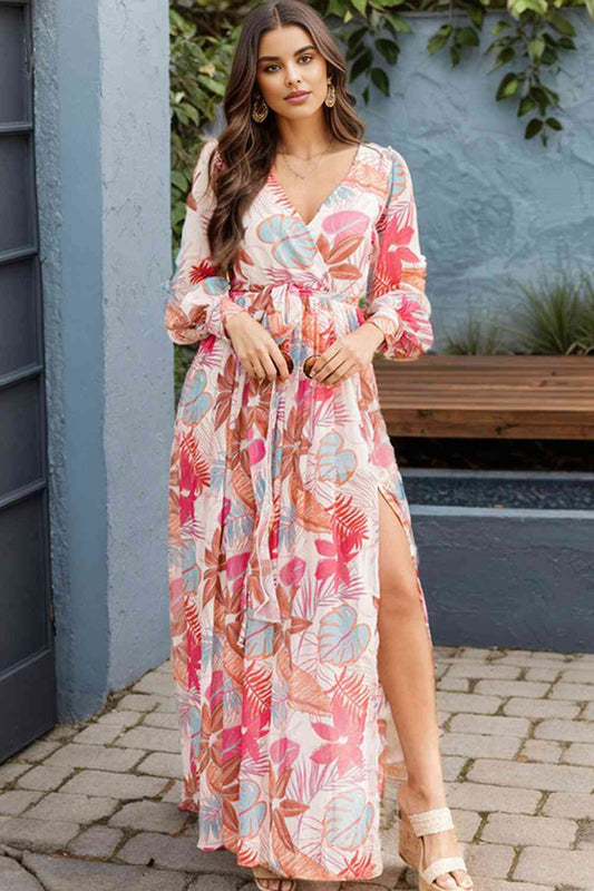 swvws Plus Size V-Neck Printed Slit Dress