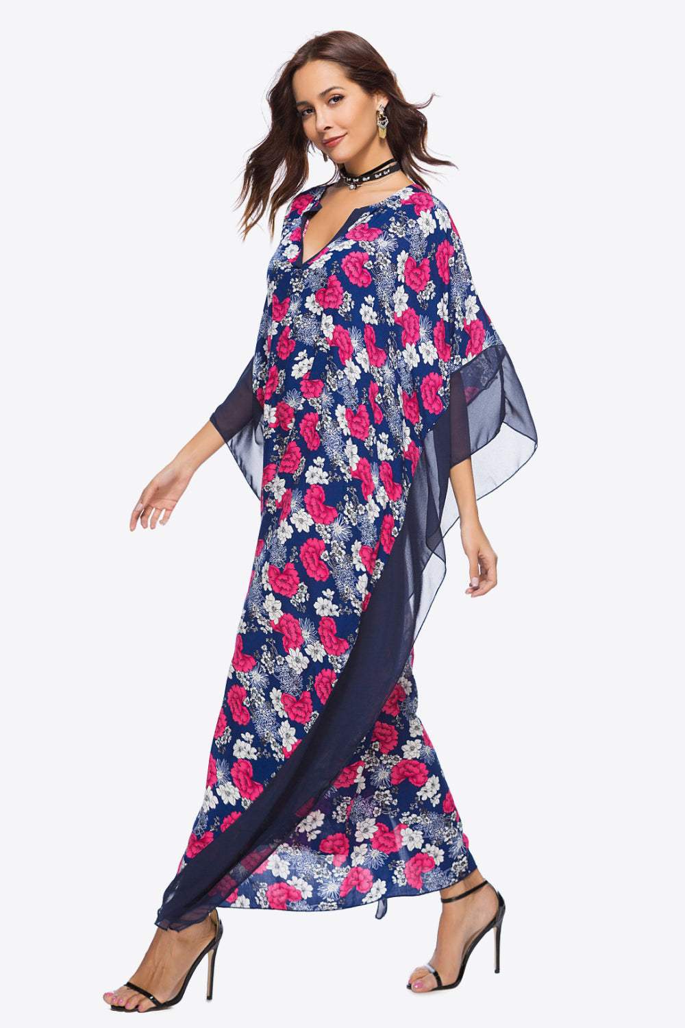 swvws Floral Notched Neck Dolman Sleeve Maxi Dress