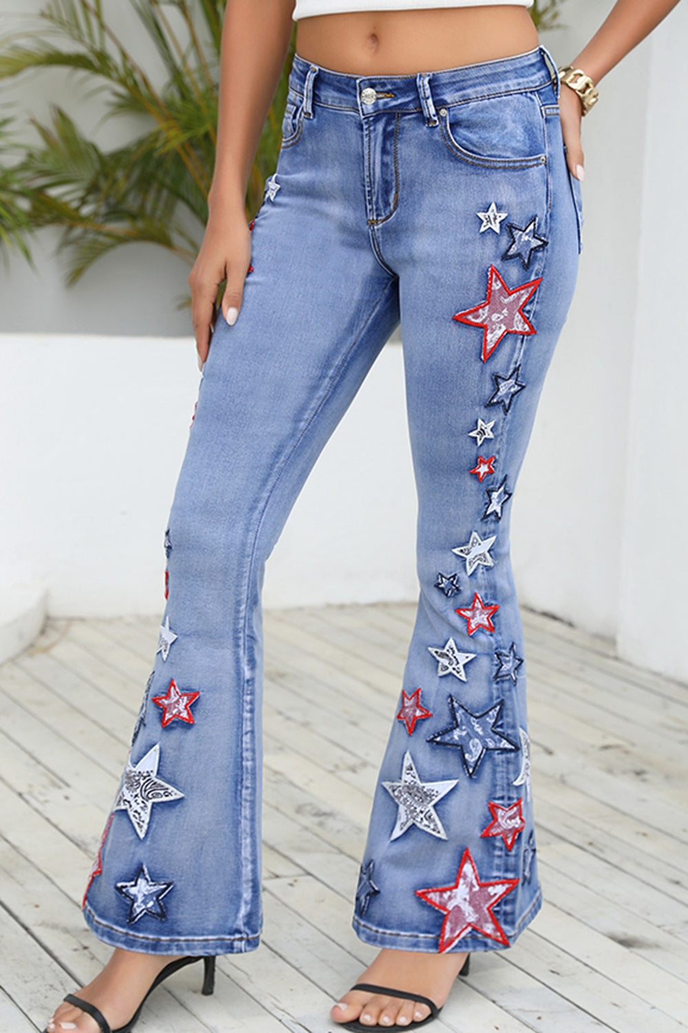 swvws Full Size Star Applique Wide Leg Jeans