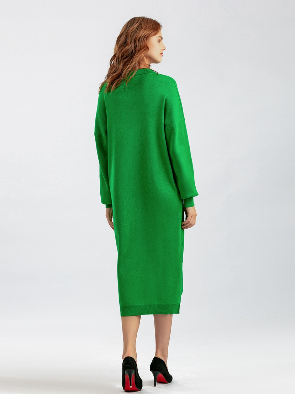 swvws Johnny Collar Long Sleeve Slit Sweater Dress