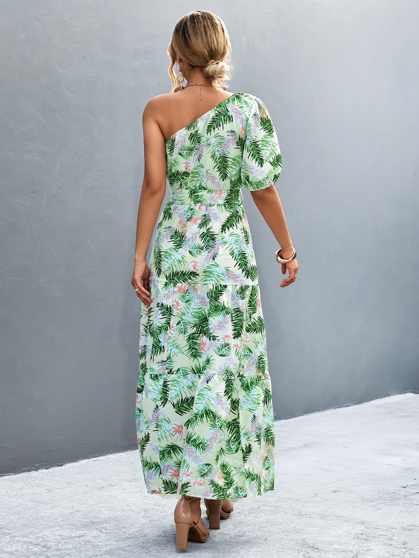 swvws Printed Tie Waist One Shoulder Maxi Dress