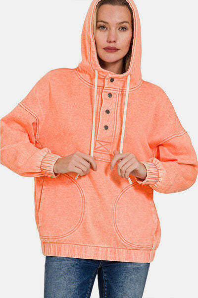 swvws Zenana Drawstring Half Snap Dropped Shoulder Hoodie