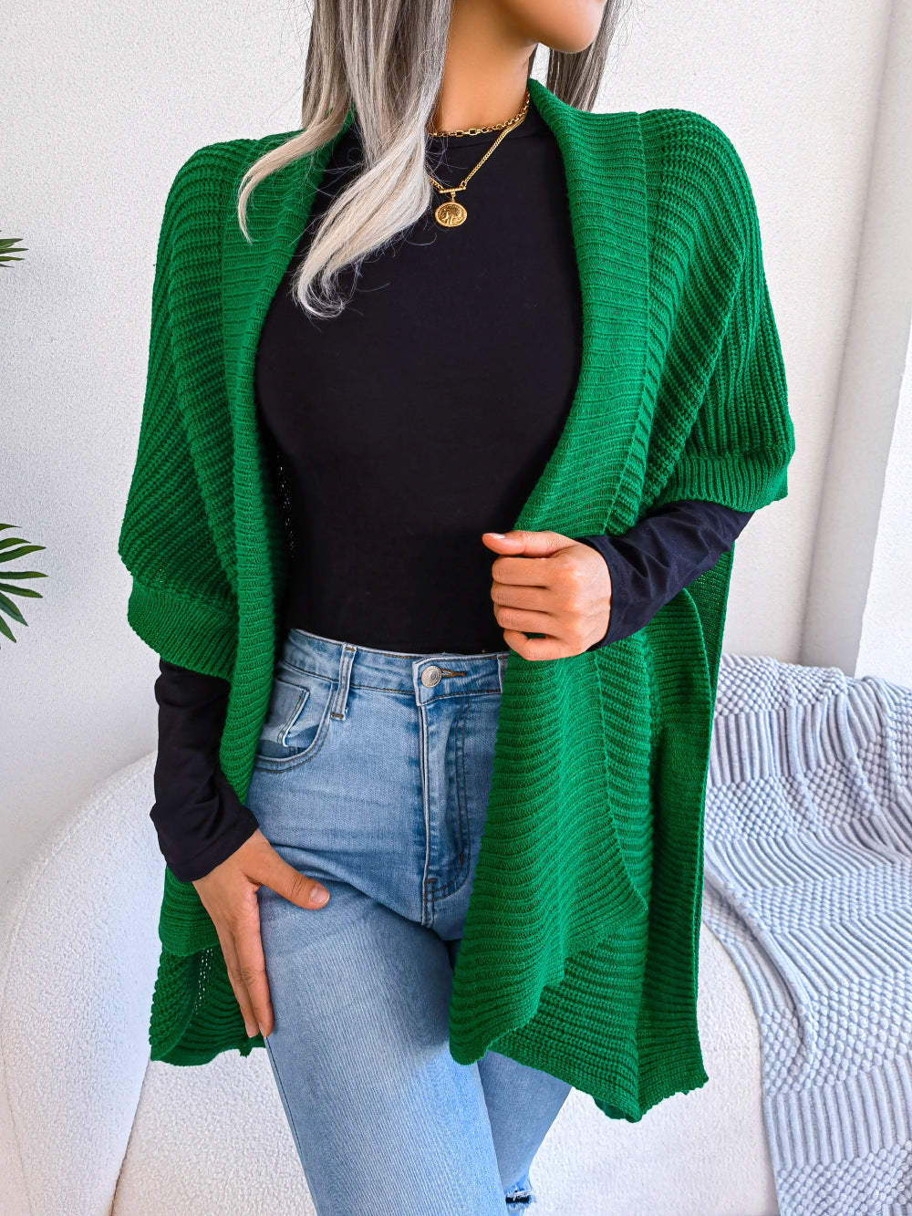 swvws Horizontal Ribbing Open Front Slit Cardigan