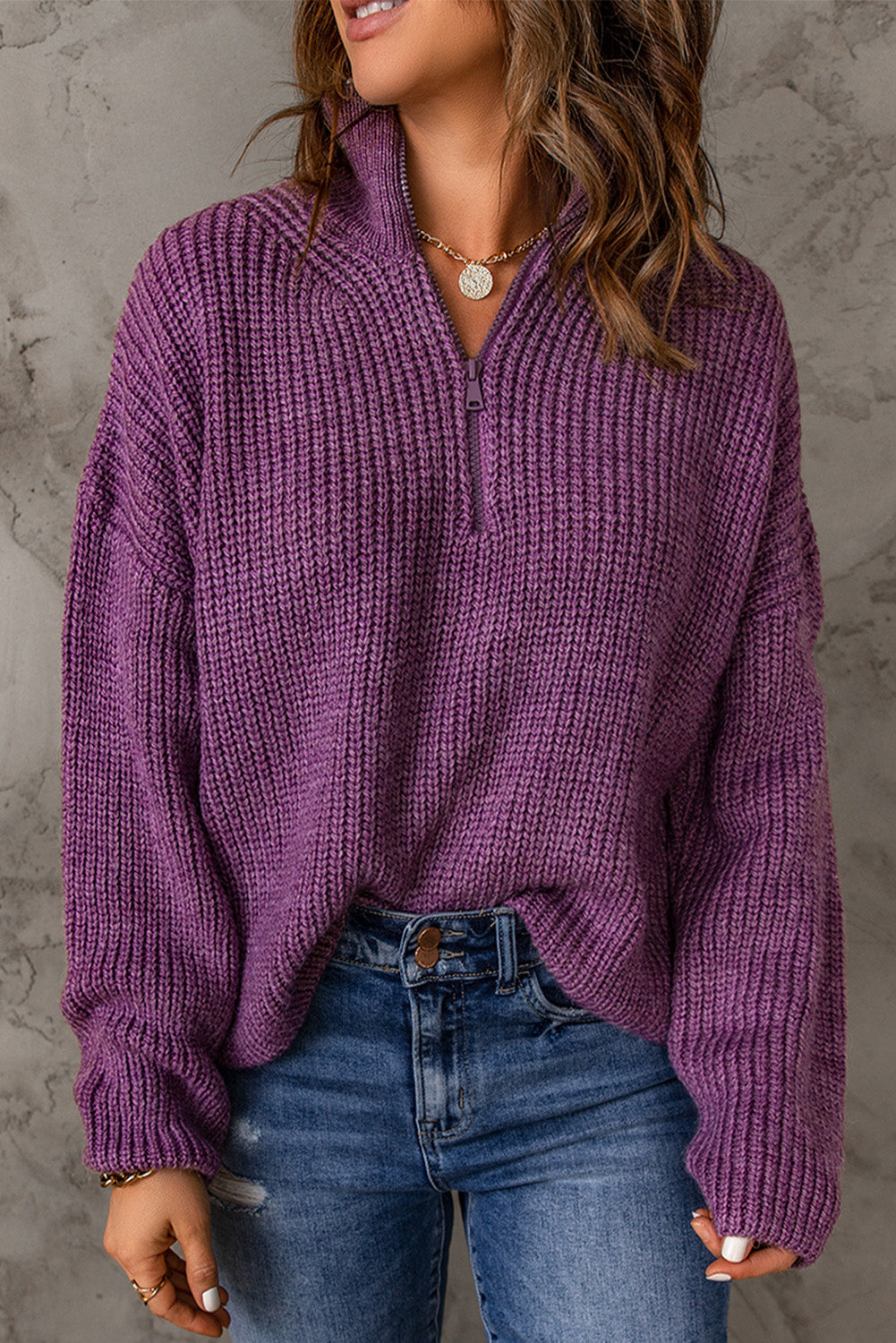 swvws Half Zip Rib-Knit Dropped Shoulder Sweater