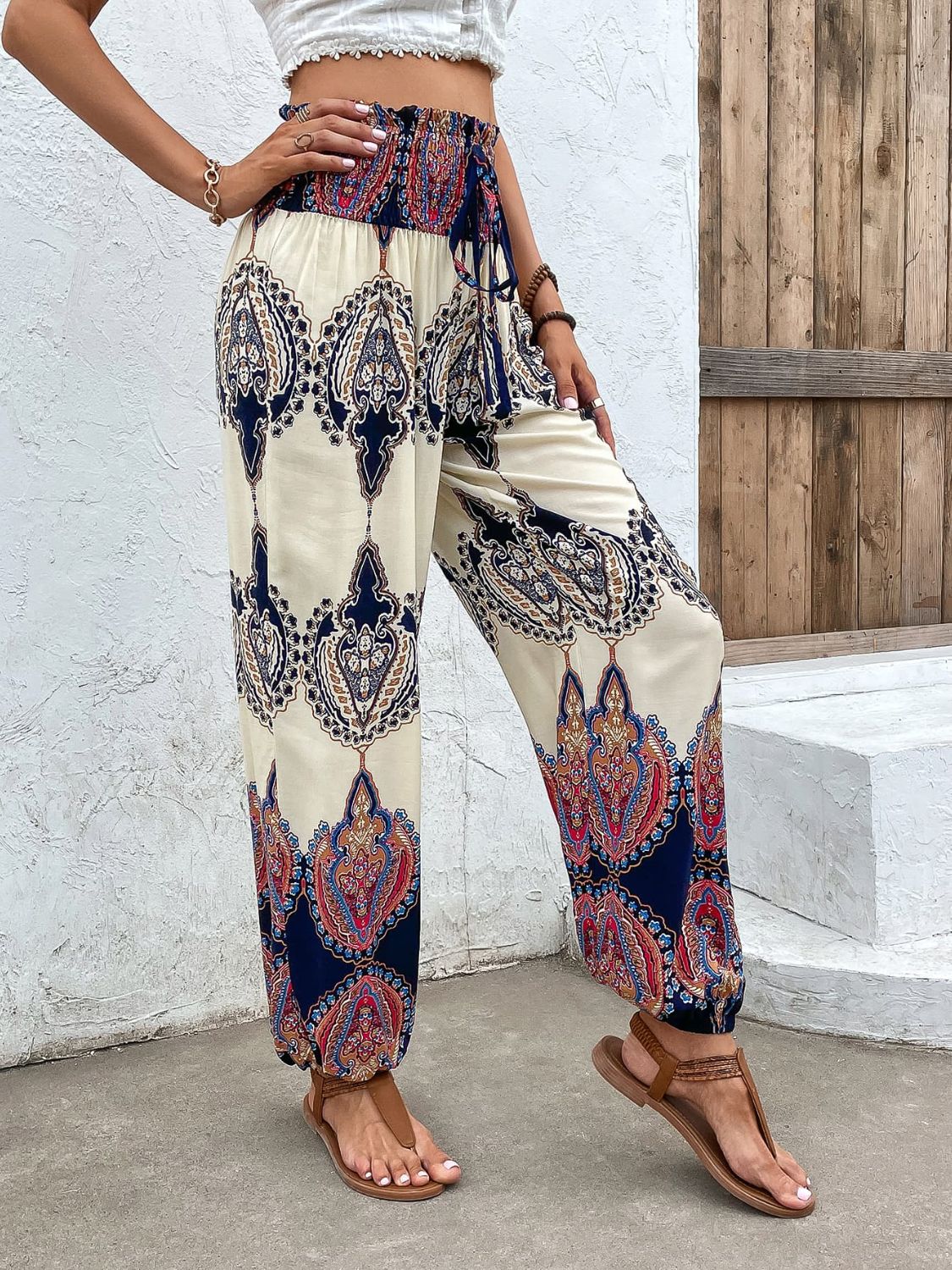 swvws Printed Smocked High Waist Pants