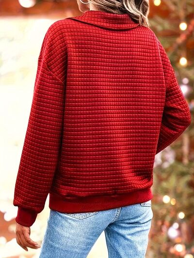 swvws Waffle-Knit Collared Neck Long Sleeve Sweatshirt