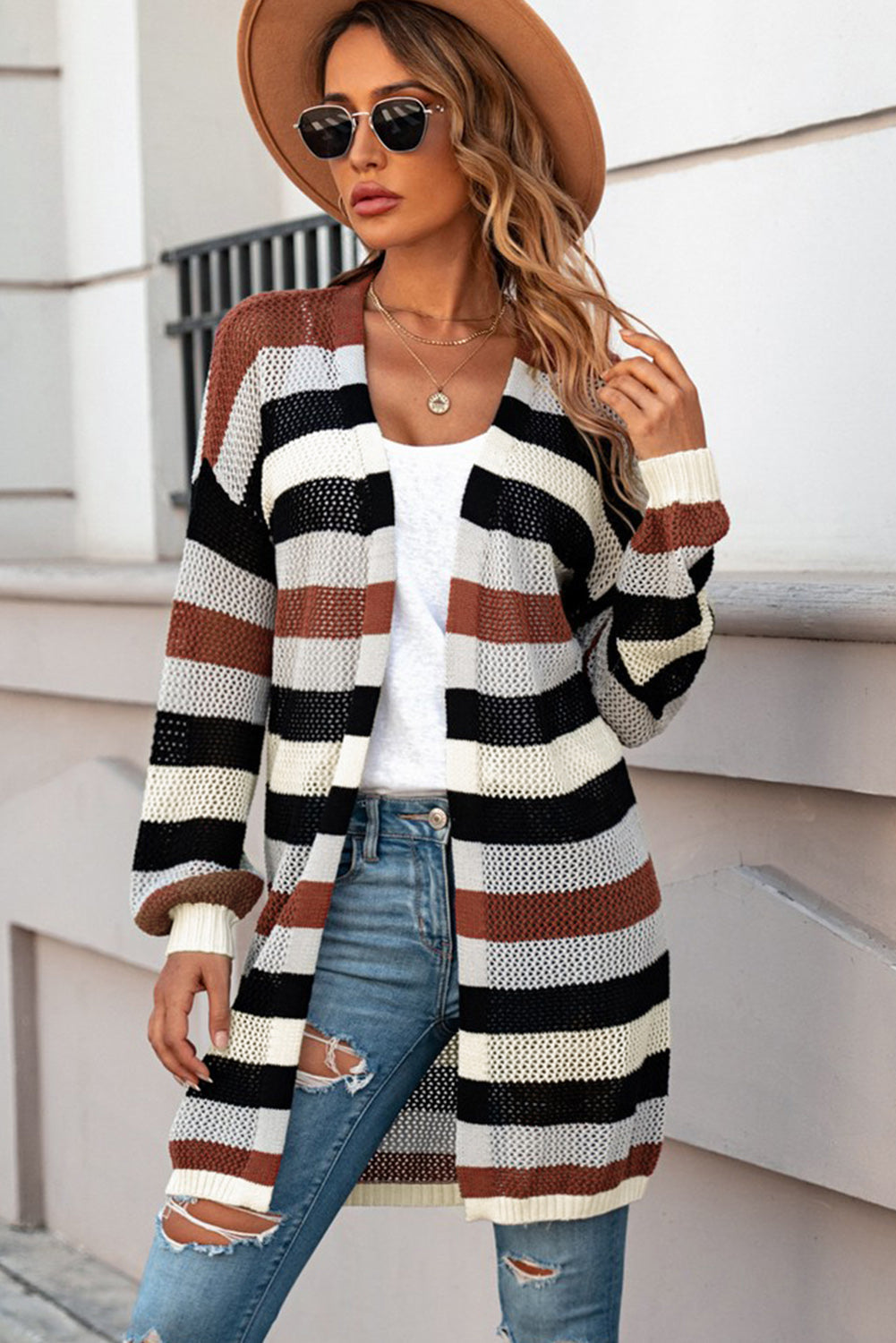 swvws Full Size Striped Long Sleeve Openwork Cardigan