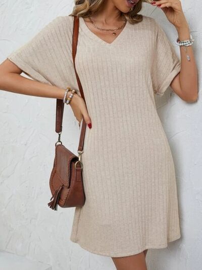 swvws Ribbed V-Neck Short Sleeve Dress