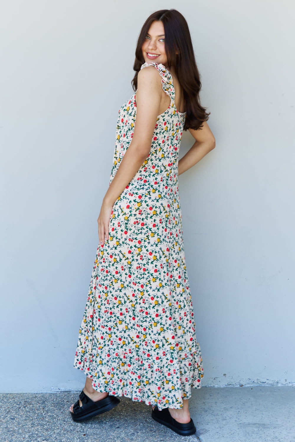 swvws Doublju In The Garden Ruffle Floral Maxi Dress in Natural Rose