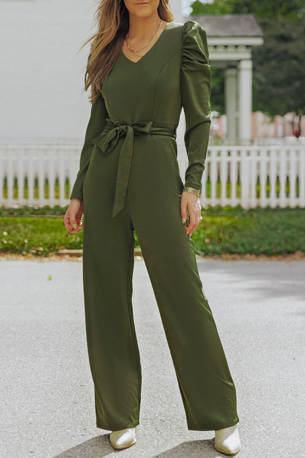 swvws Belted Long Puff Sleeve V-Neck Jumpsuit