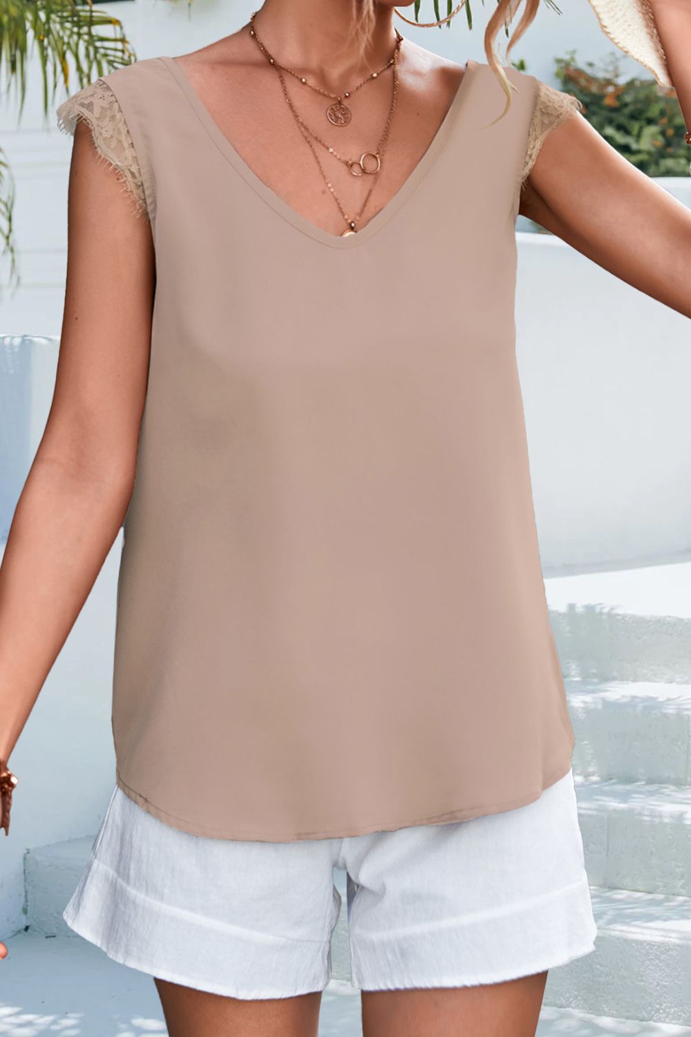 swvws Lace Detail Eyelash Trim V-Neck Tank