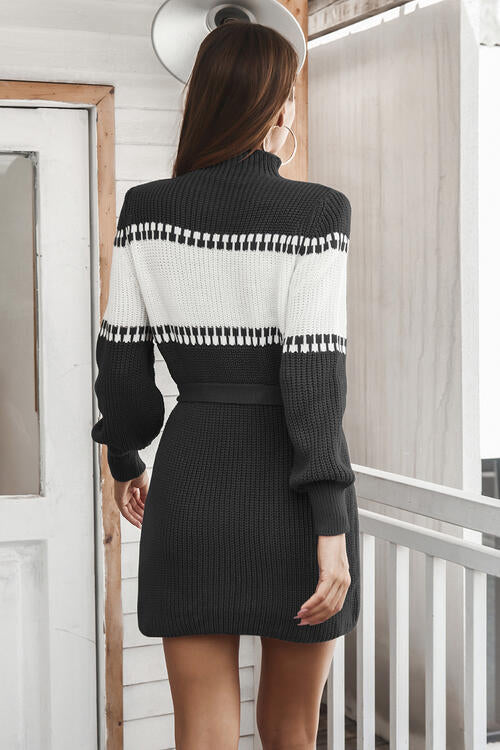 swvws Contrast Tie Front Long Sleeve Sweater Dress