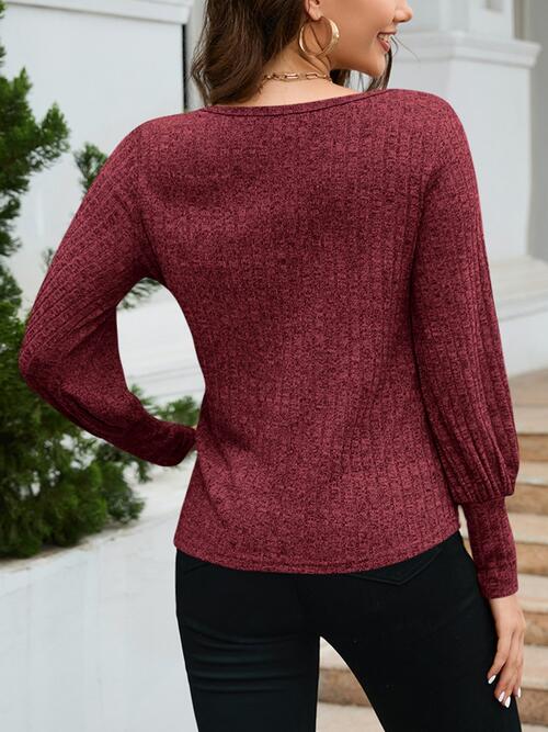 swvws Ribbed Round Neck Lantern Sleeve Knit Top