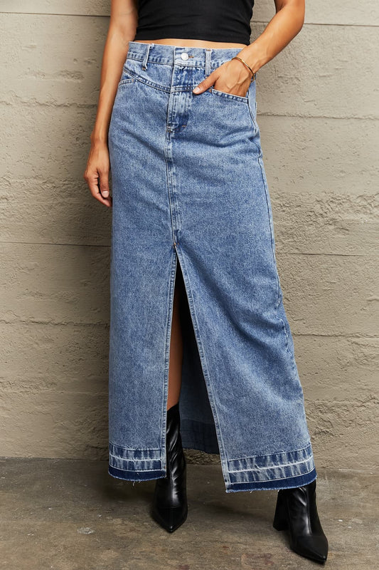 themeisles Front Slit Maxi Denim Skirt