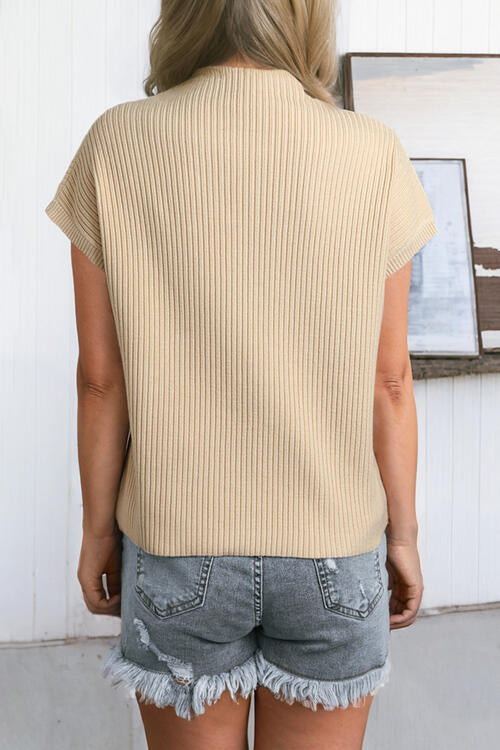 swvws Ribbed Mock Neck Short Sleeve Knit Top