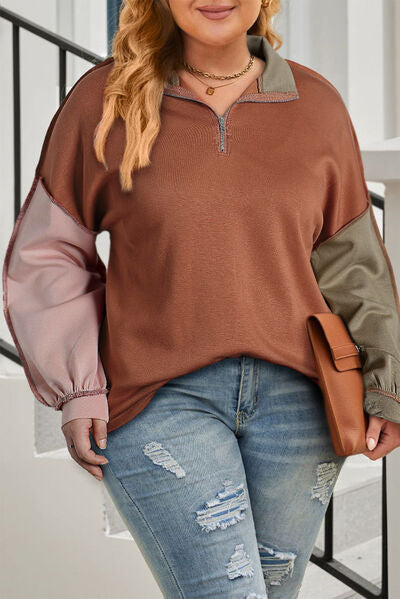 swvws Plus Size Exposed Seam Color Block Quarter Zip Sweatshirt