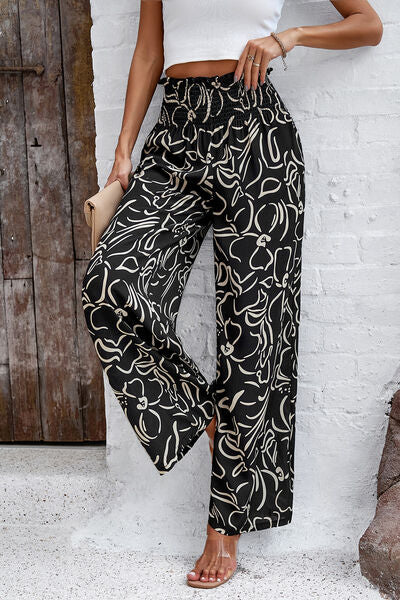 swvws Smocked Printed Wide Leg Pants with Pockets