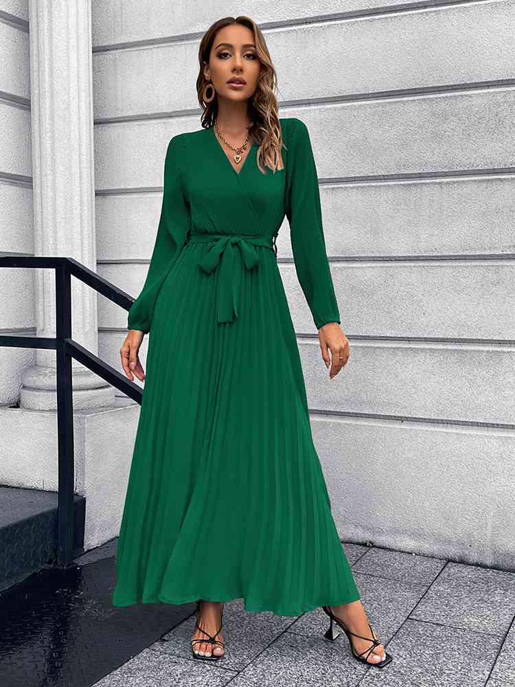 swvws V-Neck Tie Waist Pleated Maxi Dress