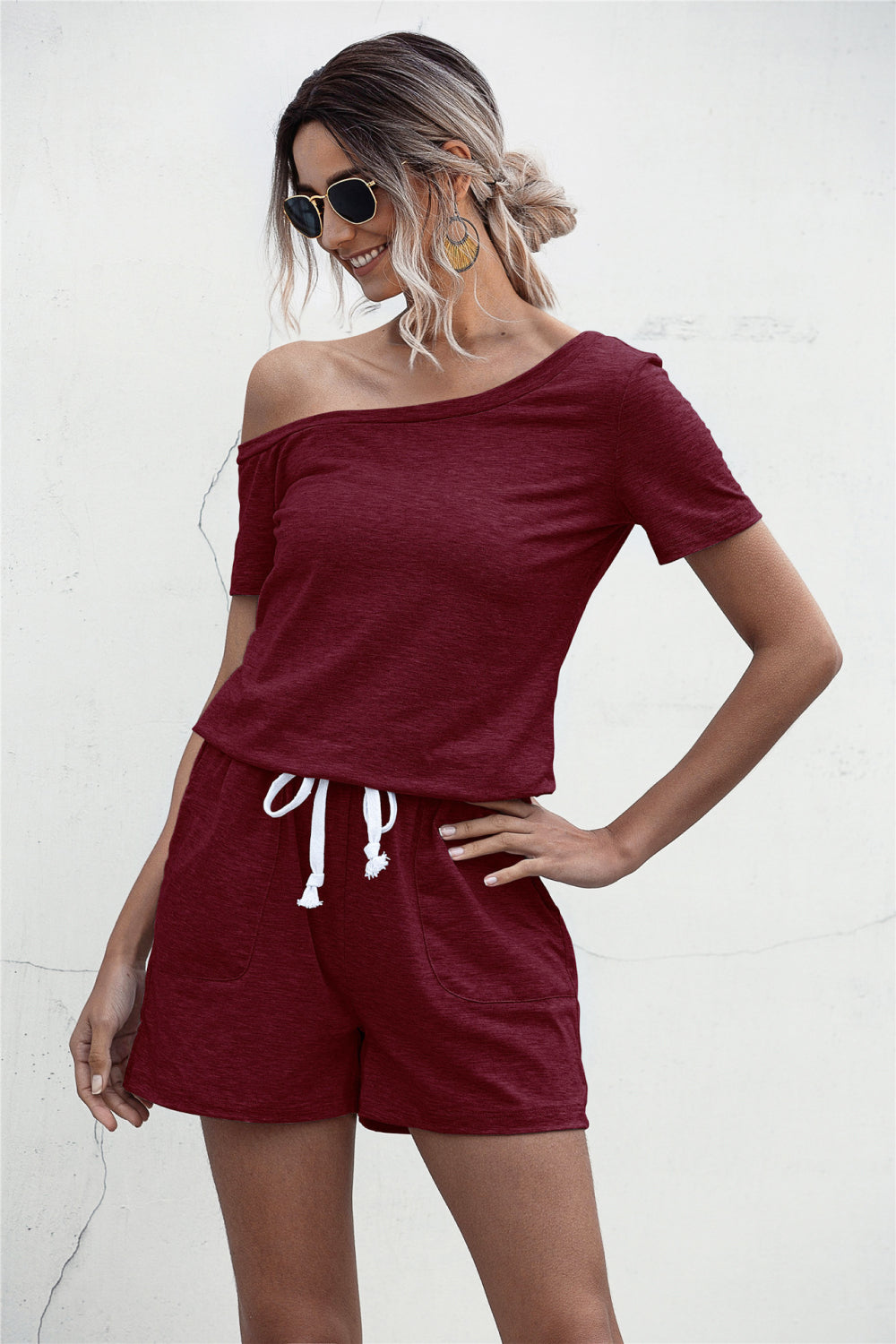 swvws One Shoulder Tie Waist Romper